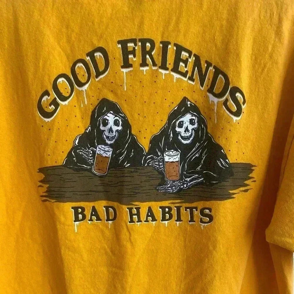 💥Fresh Vibes Good Friends Bad Habits Yellow Tee L - Picture 4 of 7